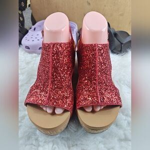 Boutique by Corky’s Red Glitter Slingback Wedge Sandals — Women’s Size 9